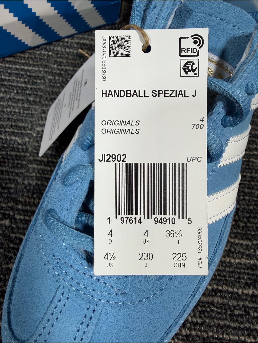 adidas Handball Spezial J Light Blue Suede Sneakers with White Stripes Gum Soles - Picture 8 of 8